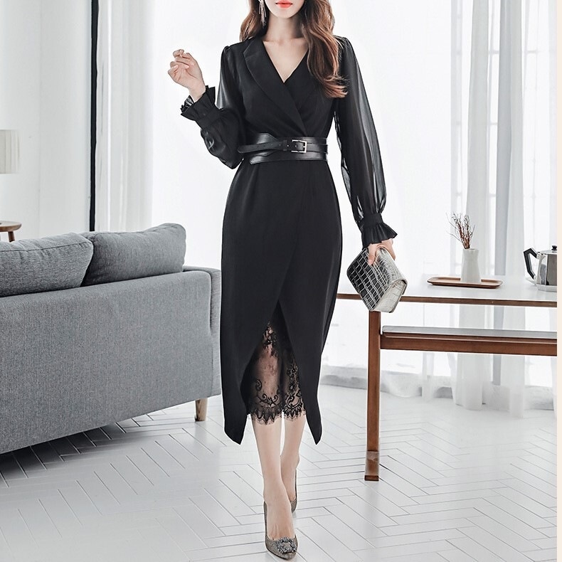 キャバドレス ミモレスカート ワンピドレス ロング ロング丈 カットデザイン 袖あり 長袖 Vネック フレア Aライン ウエストマーク ハイウエスト プルオーバー かわいい きれいめ シンプル