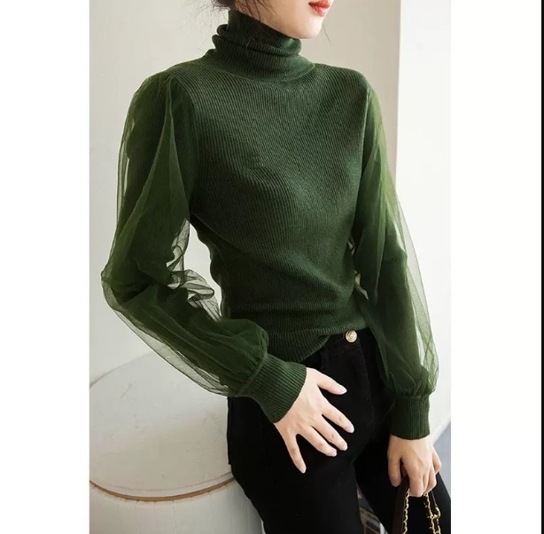 トップス セーター 袖あり 長袖 タートルネック 襟付き ショールカラー デザイン 美ライン ニュアンス チュール レイヤード リブニット ニット カラバリ かわいい 大人可愛い きれいめ シンプル