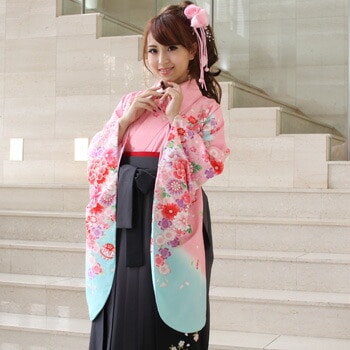レンタル卒業式 袴 レンタル 女 袴セット 女 卒業式袴セット2尺袖着物＆袴 フルセットレンタル 安い ピンクに水色ぼかし 芍薬と八重桜 菊 鞠ハカマ はかま rental 14,328円