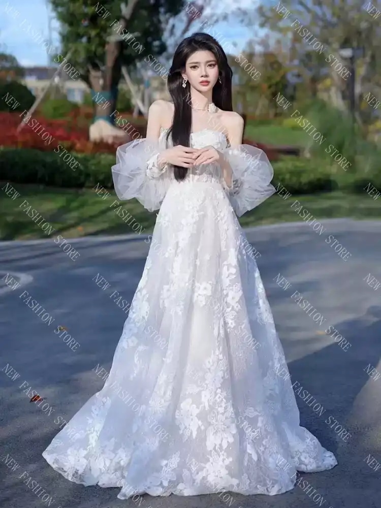 フランス風レースのフィッシュテールライトウェディングドレス-19