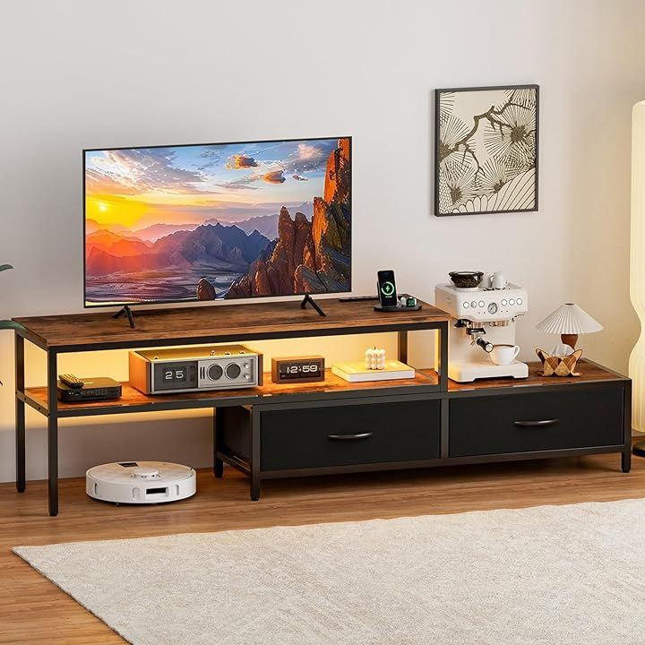 テレビ台 伸縮 テレビボード 収納チェスト ロータイプ 棚付き 引き出し ローボード ライト付き テレビラック ワイドチェスト (ブラック, 幅100-190x奥行30x高さ42cm)
