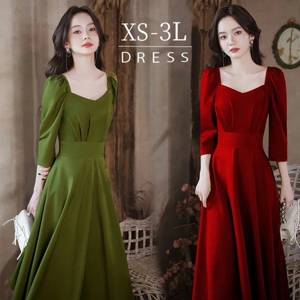 ドレス グリーン 大人 ピアノ 発表会 ミモレ丈ドレス ワインレッド 演奏会 結婚式 パーティードレス ミモレ丈 ワンピース フォーマルドレス イブニングドレス 20代 30代 成人式 高校生 中高生