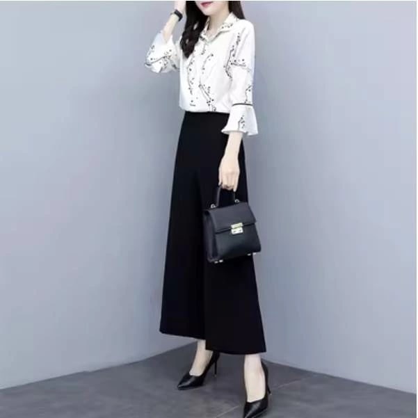 トップス ボトムス パンツ セットアップ シャツ ブラウス ズボン ワイドパンツ マキシ丈 七分袖 ベルスリーブ 襟付き タイト 細身 シフォン 薄手 ツーピース 2点セット 大人可愛い きれいめ カ