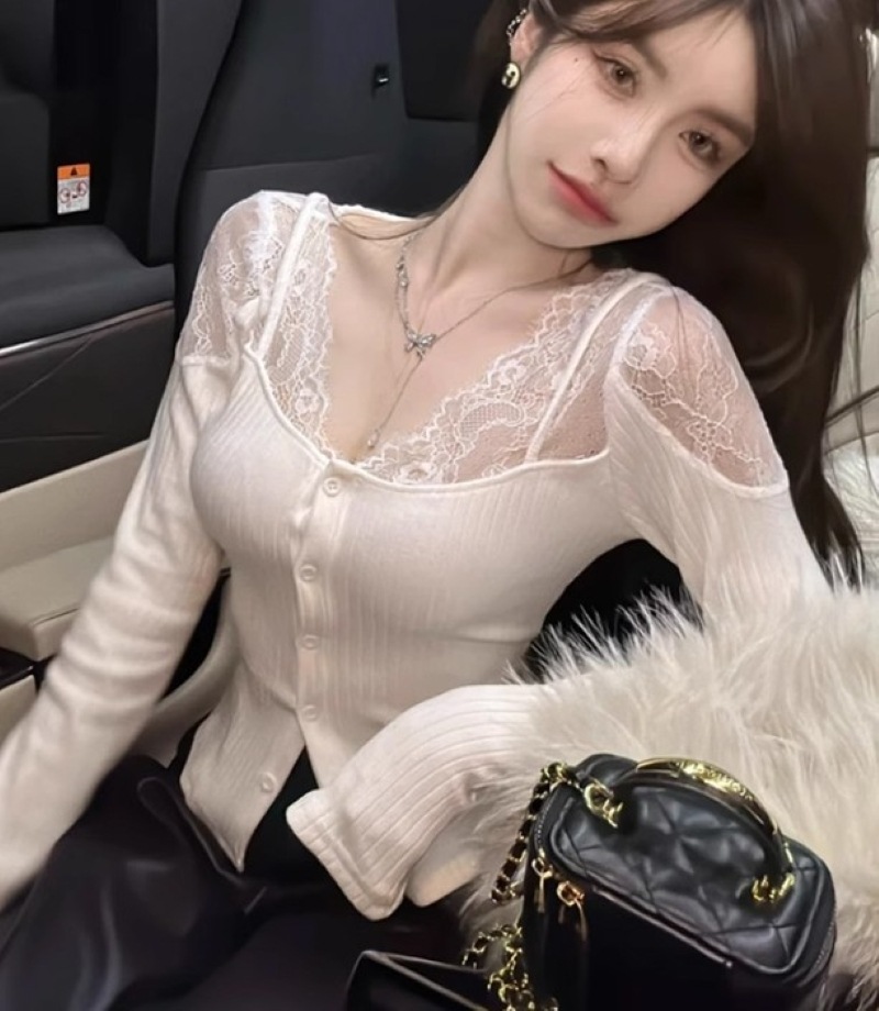 トップス シャツ ブラウス カーディガン スリムフィット セクシー レース Vネック 長袖 Tシャツ 透け感 薄手 大人 お洒落 存在感 春 秋 冬 レディース デート お出かけ 女子会 休日 旅行