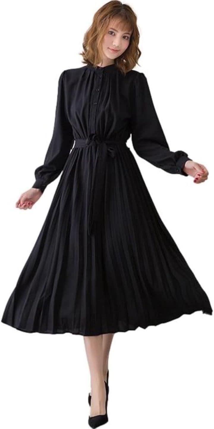 ブルーベリル シフォンワンピース ロング プリーツ レディース 長袖 ハイウエスト ウエストリボン フレア 春 秋 BB054(ブラック, M)