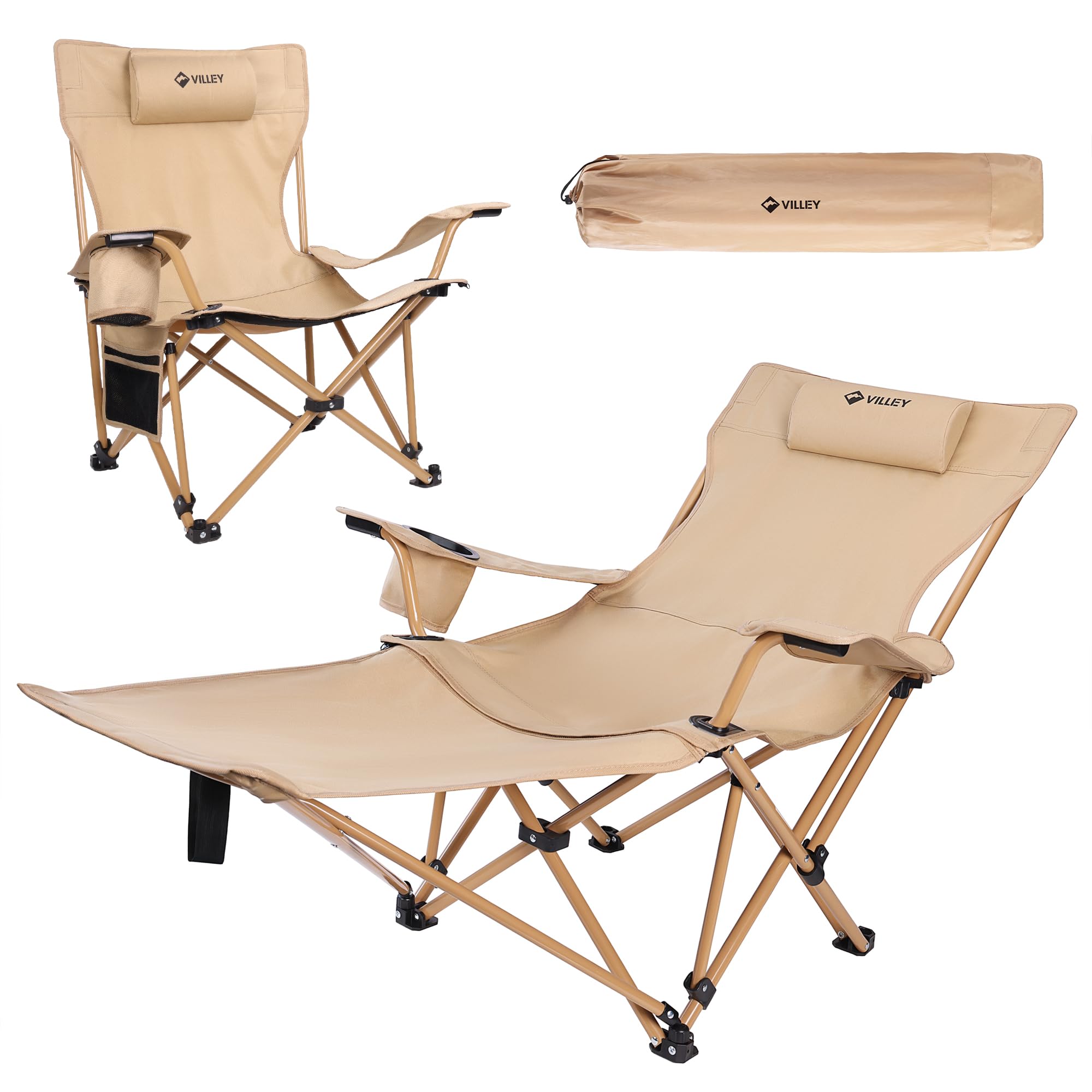 VILLEY アウトドアチェア リクライニングチェア キャンプ椅子 レイチェア 折りたたみ 枕とオットマン付き 耐荷重150KG 無段階 調節可能 椅子 いす キャンプ お釣り 登山 庭 リラックス