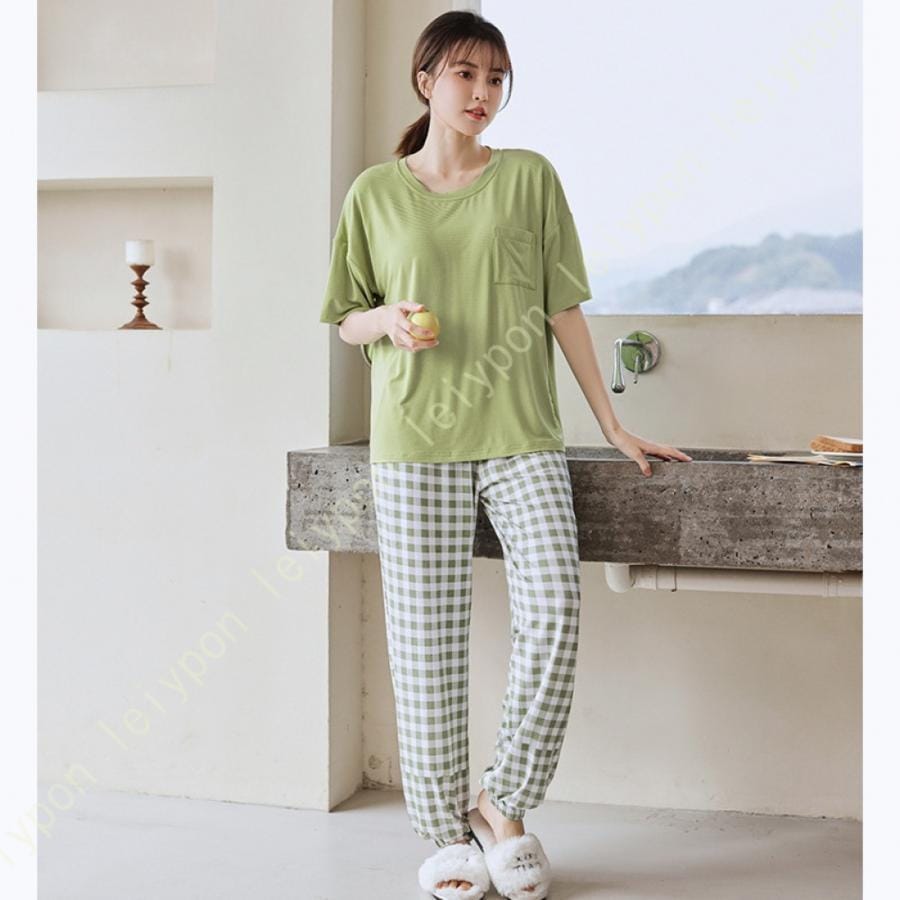 部屋着 半袖 パジャマ ロングパンツ 上下セット ルームウェア 家着 カップ付き 家着 通気 ホームウェア カジュアル 寝間着 ラウンジウェア 夏