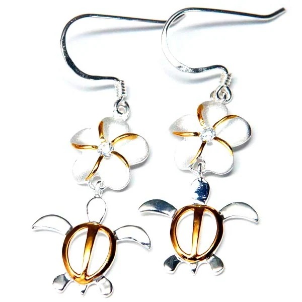 ハワイアンジュエリー フックピアス プルメリア 花 ホヌ 海ガメ クリアジルコニア イエローゴールド