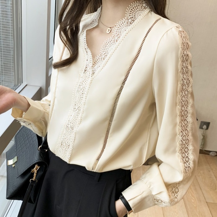 トップス シャツ ブラウス Vネック 長袖 プルオーバー ミディアム丈 刺繡 かわいい 大人可愛い きれいめ シンプル 上品 おしゃれ かっこいい カジュアル こなれ感 個性的 主役級 存在感