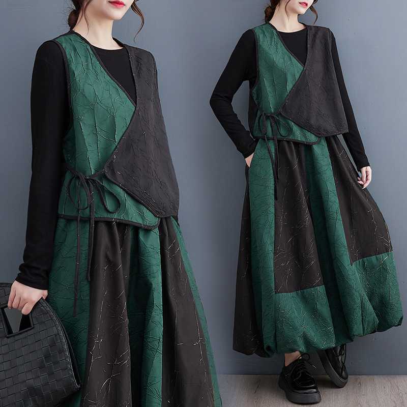 「ファットガール」 2023秋 レトロ 上下セット おしゃれ ベスト＋ロングスカート ドッキング ストラップ レディース セットアップ メガ割30%までに制限 6,165円