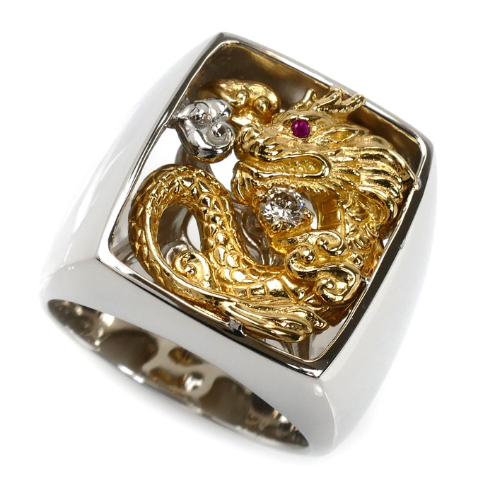 Pt950/K18 龍 ドラゴン リング・指輪 ルビー0.005ct ダイヤモンド0.08ct 18号 34.7g メンズ 中古 美品