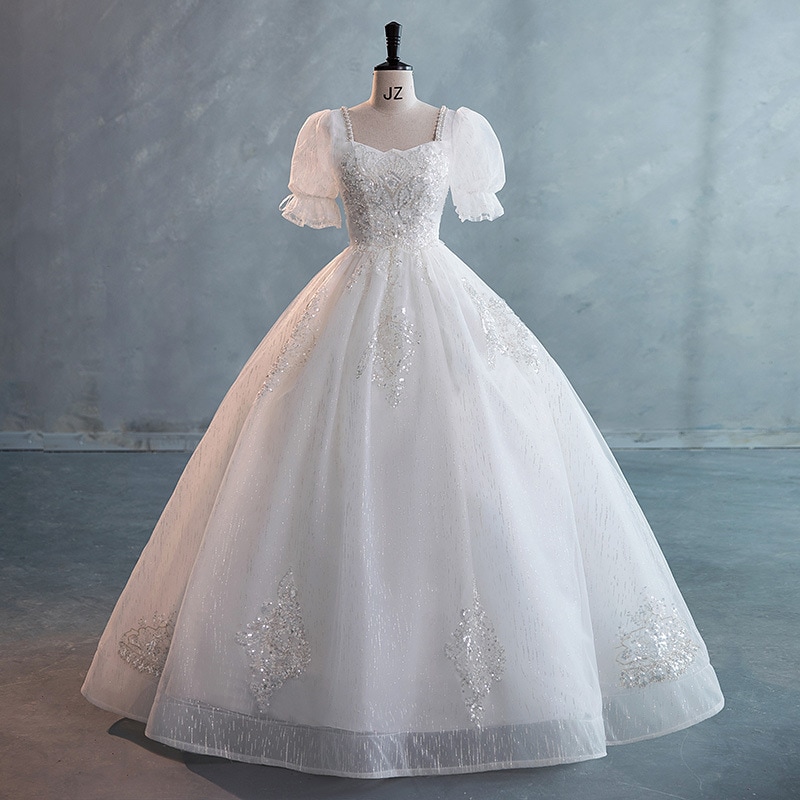 8057ウェディングドレス　白 大きいサイズ 半袖 プリンセス Aライン 結婚式二次会　発表会　披露宴　演奏会　小さいサイズ