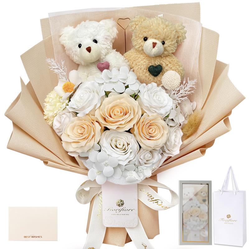 ソープフラワー 花束 かわいい小熊入り 卒業式 ギフトセット 誕生日プレゼント バラ 高級造花ブーケ 母の日 記念日 入学 バレンタイン インテリア装飾(Mandy)