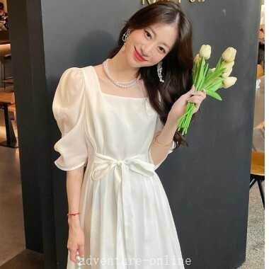 【2025新作入荷】ワンピース ワンピドレス ロング丈 袖あり 5分袖 スクエアネック シフォン 個性的 ウエストリボン ハイウエスト 薄手 かわいい 大人可愛