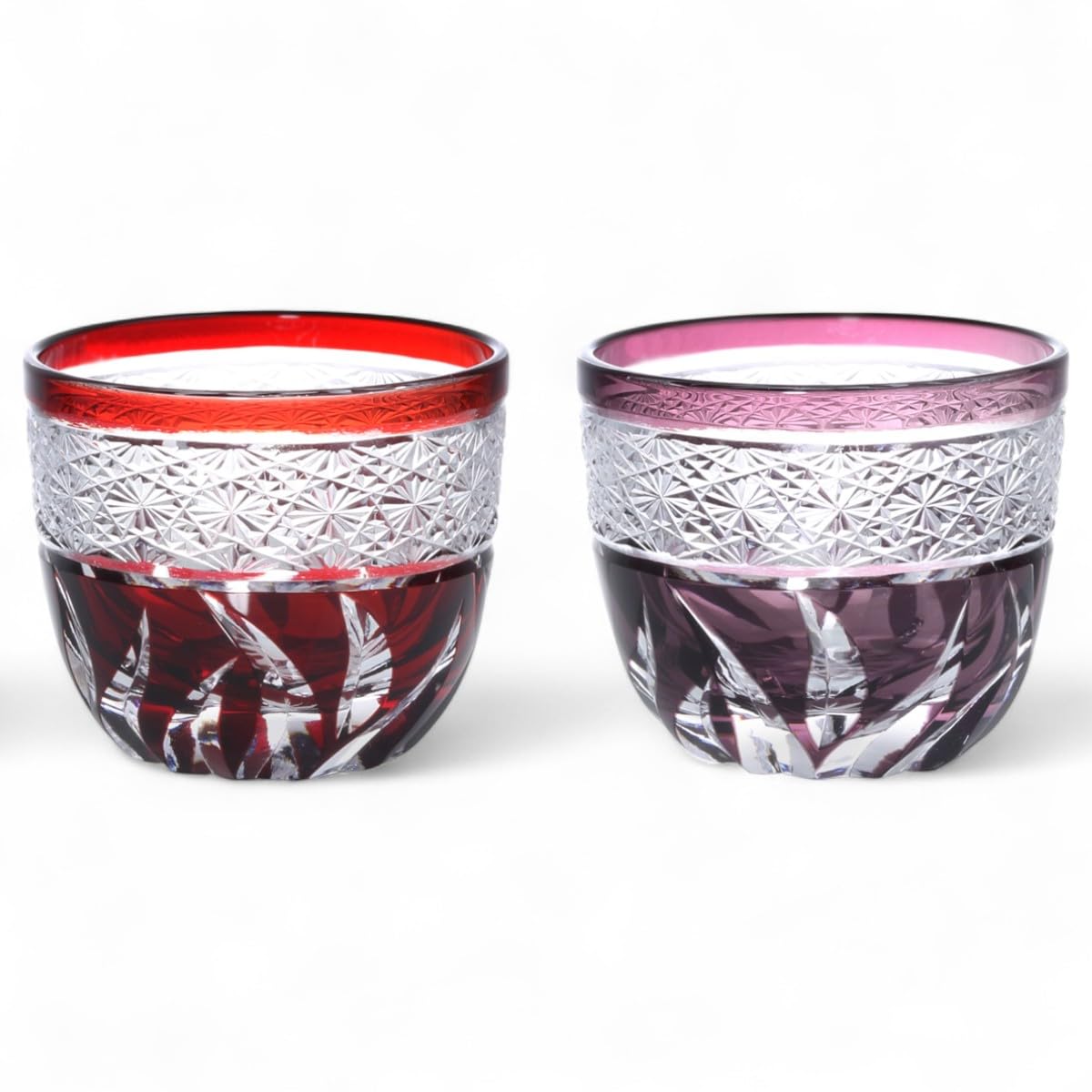 J-kitchens 水影 切子 ペア グラス カップ 冷酒 盃 径60xH50mm 70cc 帯絞り レッド & パープル 美匠 Current Model
