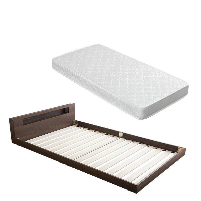 棚コンセント付きフロアベッド ベッド LED照明付き ダブル+ボンネルコイルマットレス付き ロータイプ ローベッド フロアベッド ベット