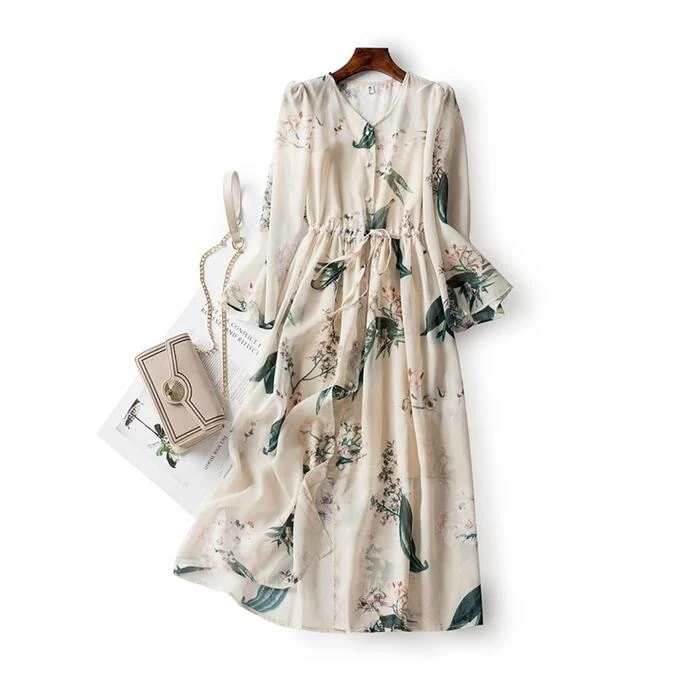 ワンピース レディース 袖あり フラワー 花柄 ボタニカル エレガント きれいめ カジュアル ロング丈 大人 可愛い 長袖 リラックス シフォン ドロスト 透け感 ベージュ 春 夏 秋 2