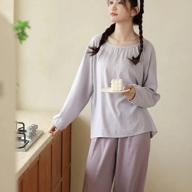 春 作ルームウェア レディースコントラストカラー丸ネック長袖上下セットパジャマ カジュアルパジャマ