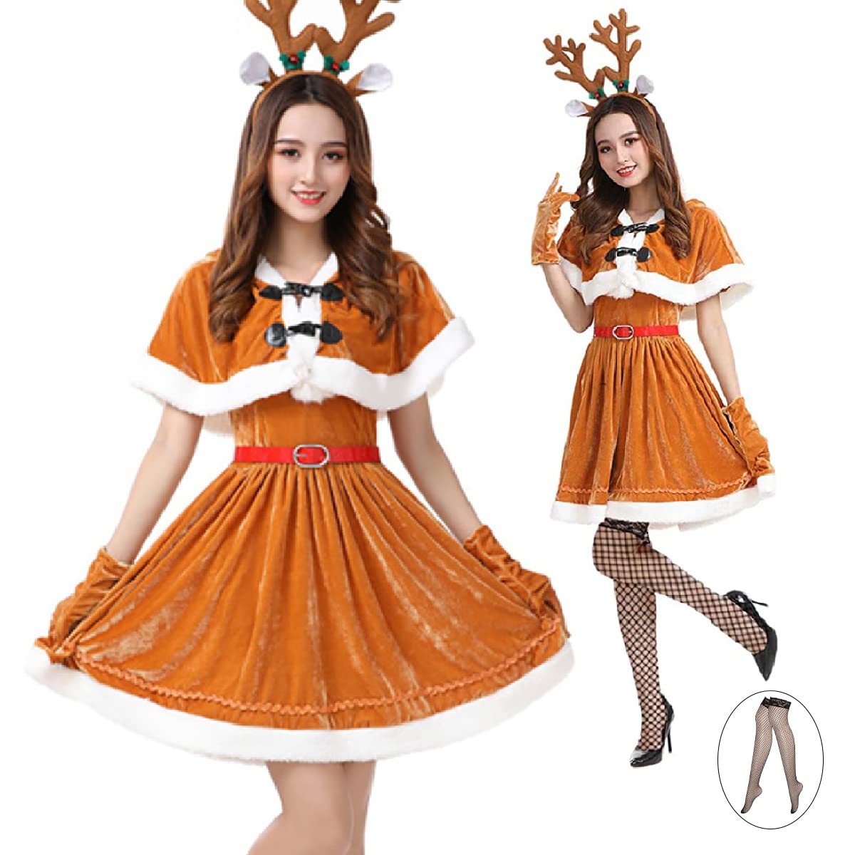 2024DK 新品レディース トナカイ コスプレ サンタ 網タイツ付き クリスマス コスチューム 衣装今日は30パーセント 5,366円