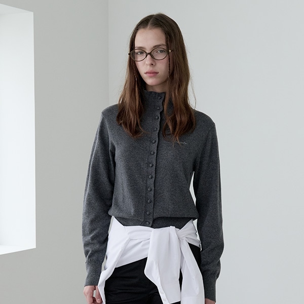 WOOL BLENDED HIGH NECK KNIT CARDIGAN CHARCOAL