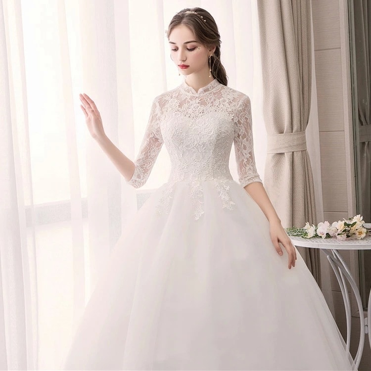 激安 ウェディングドレス レース 立ち襟 チャイナ風ドレス 結婚式ドレス 花嫁ドレス 白 7分袖 ウェディングドレス 袖あり ブライダルドレス チュール ホワイトドレス 二次会ドレス ロングドレス S