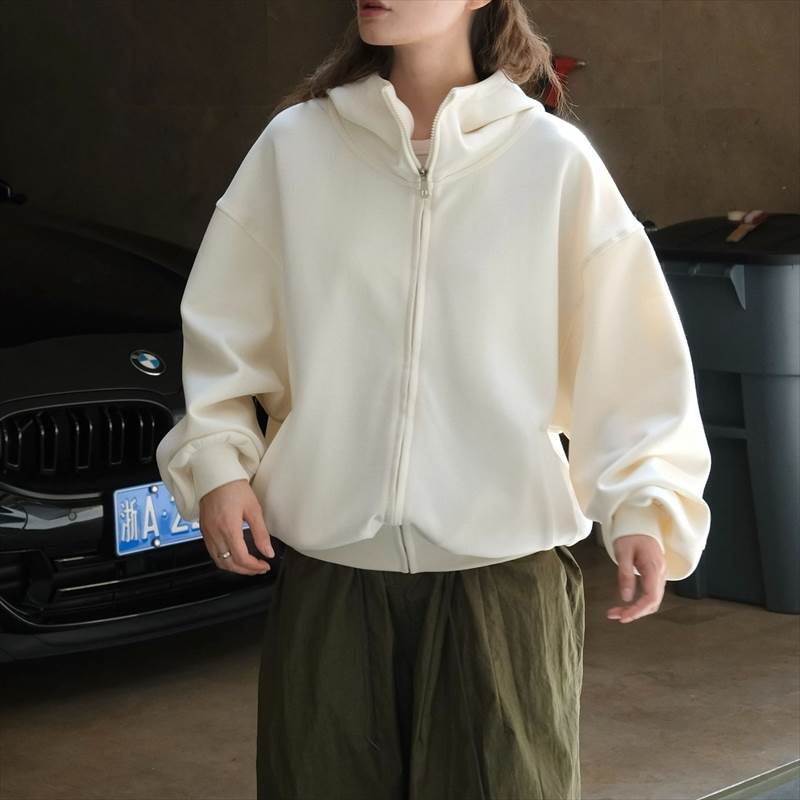 トップス レディース パーカー フーディー ジップアップ 個性的 秋 冬 長袖 ハイネック 旧ジップアップ フード ファスナー ジップ ポケット 前開き ダボダボ アメカジ グレー ベージュ 無地 S