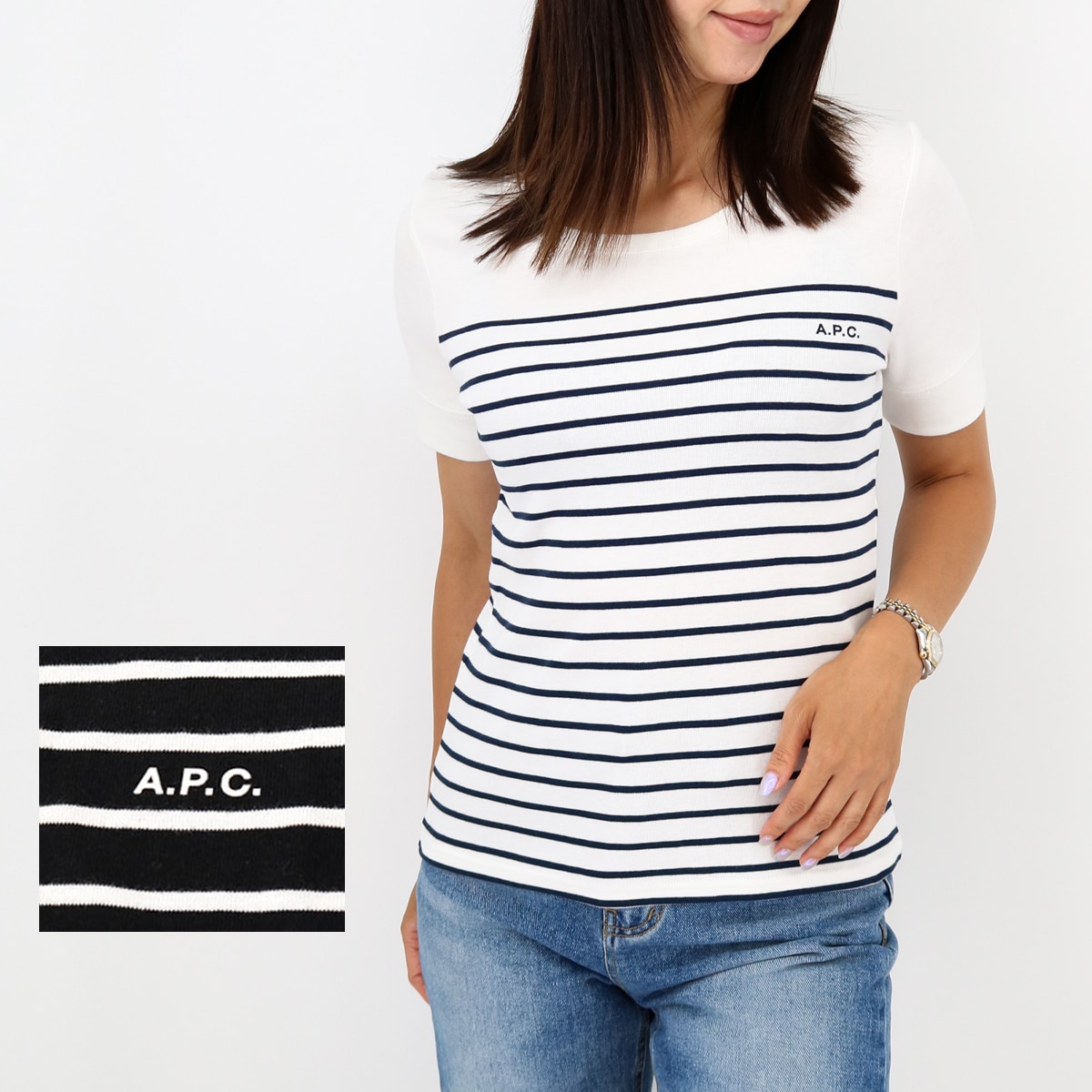 F26340 COGWS LZZ AAD 半袖Tシャツ クルーネック カットソー ロゴT トップス ボーダー レディース ブラック 黒 エクリュ