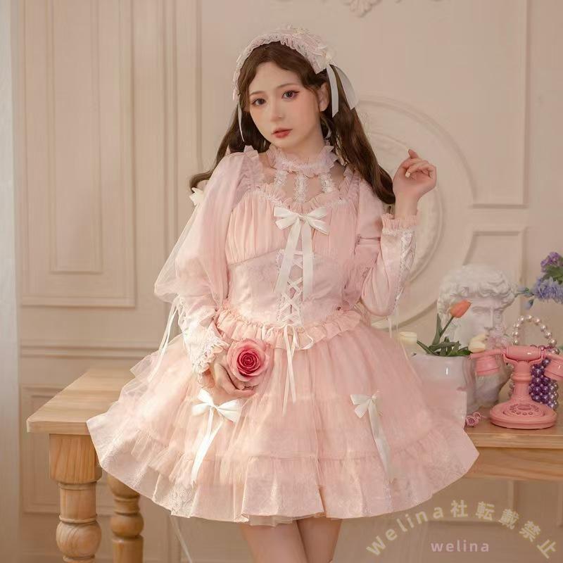 ロリータジャンパースカート ハイウエストキャミワンピース Welina（株） レースアップリボンフリル 春夏かわいいゴスロリ甘ロリ姫系JSK
