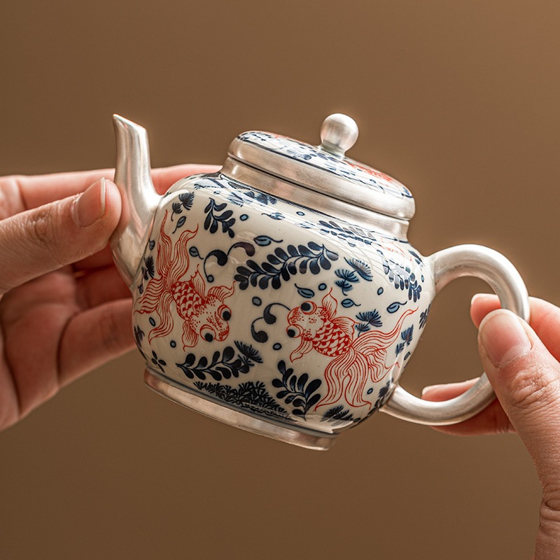 フィルター付きお茶を淹れるための銀メッキの金魚ティーポットハンドル付き手持ちティーポットセラミックカンフーティーセットシングルティーポット小型