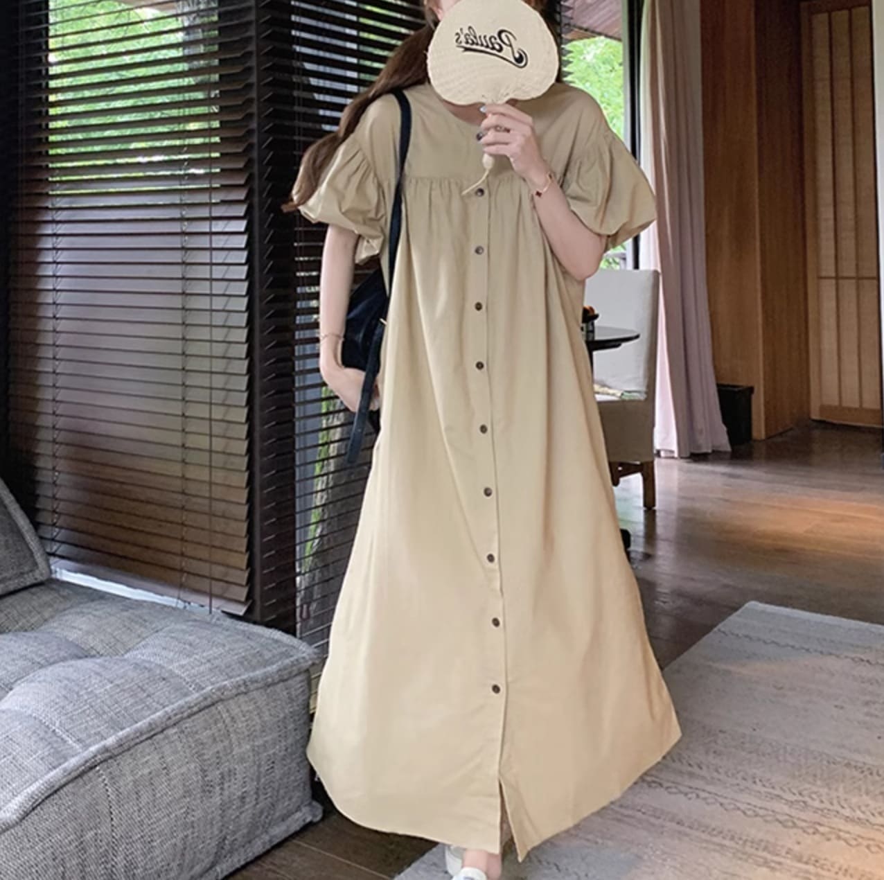 ワンピース レディース シャツワンピース フレアワンピース ティアード ロジスワンピ きれいめ 個性的 夏服 マキシ丈 フルレングス 丈長 半袖 五分袖 二の腕カバー バルーン袖 ぽわん袖 ボリューム