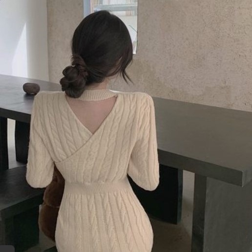 3色 ワンピース 長袖 春 きれいめ ニット ワンピ タイトスカート ニットスカート ミモレ ミモレ丈 ミディアム丈 ミドル丈 深 Vネック カシュクール スタンドカラー スリム 細身 バックシャン