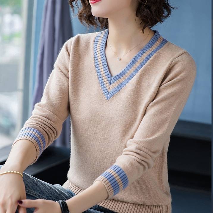 ライン セーター ニット レディース 長袖 Vネック カレッジ ストライプ柄 トップス 袖あり きれいめ シンプル おしゃれ 大人可愛い 大人女子 ラブリー キュート ガーリー エレガント 白 ホワイ