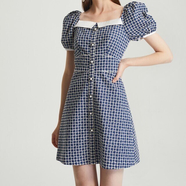 ワンピース 半袖 春夏 かわいい aライン フレア フレアスカート ミニ丈 ショート丈 膝上 ぽわん袖 パフスリーブ 萌袖 スクエアネック 襟なし フレア セミフレア Aライン 切り替えデザイン ブル