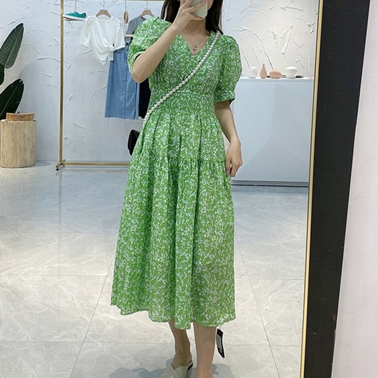 ワンピース レディース ボタニカルワンピース ドレス ロング シャーリング ひざ下丈 花柄 シフォン