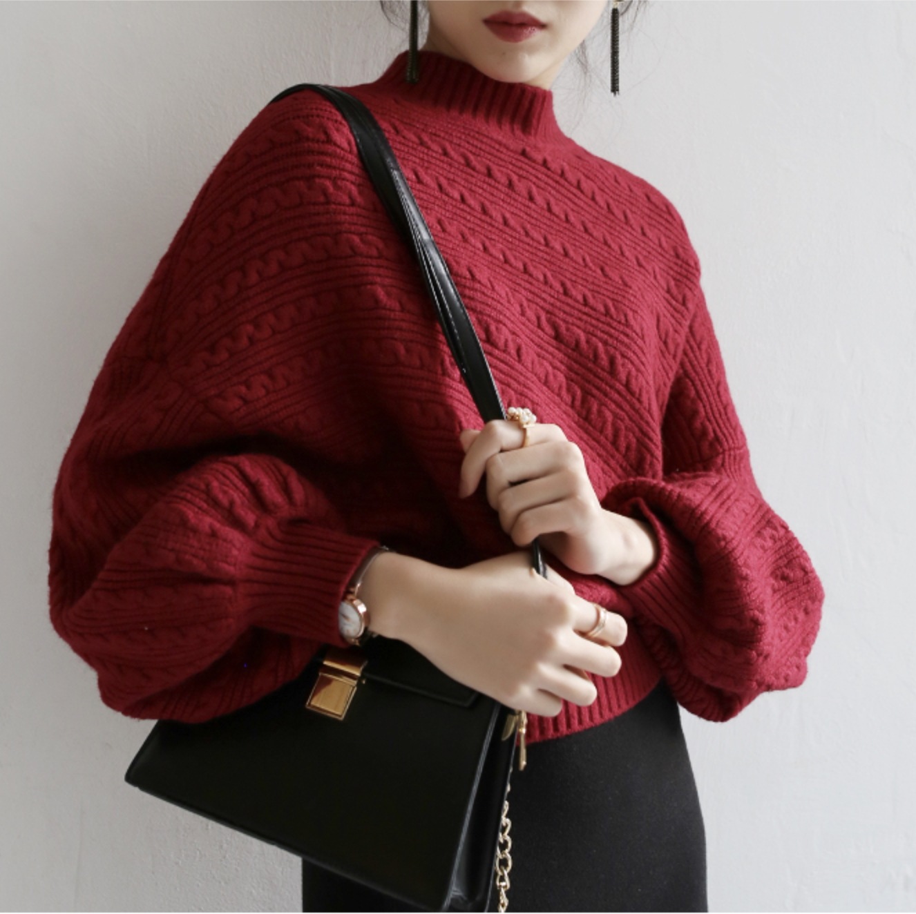 トップス レディース ニットソー セーター 韓国 長袖 ボリューム袖 スタンドカラー ハイネック ストレート ワイド Aライン ニット かわいい 大人可愛い きれいめ シンプル カジュアル 大人 上品