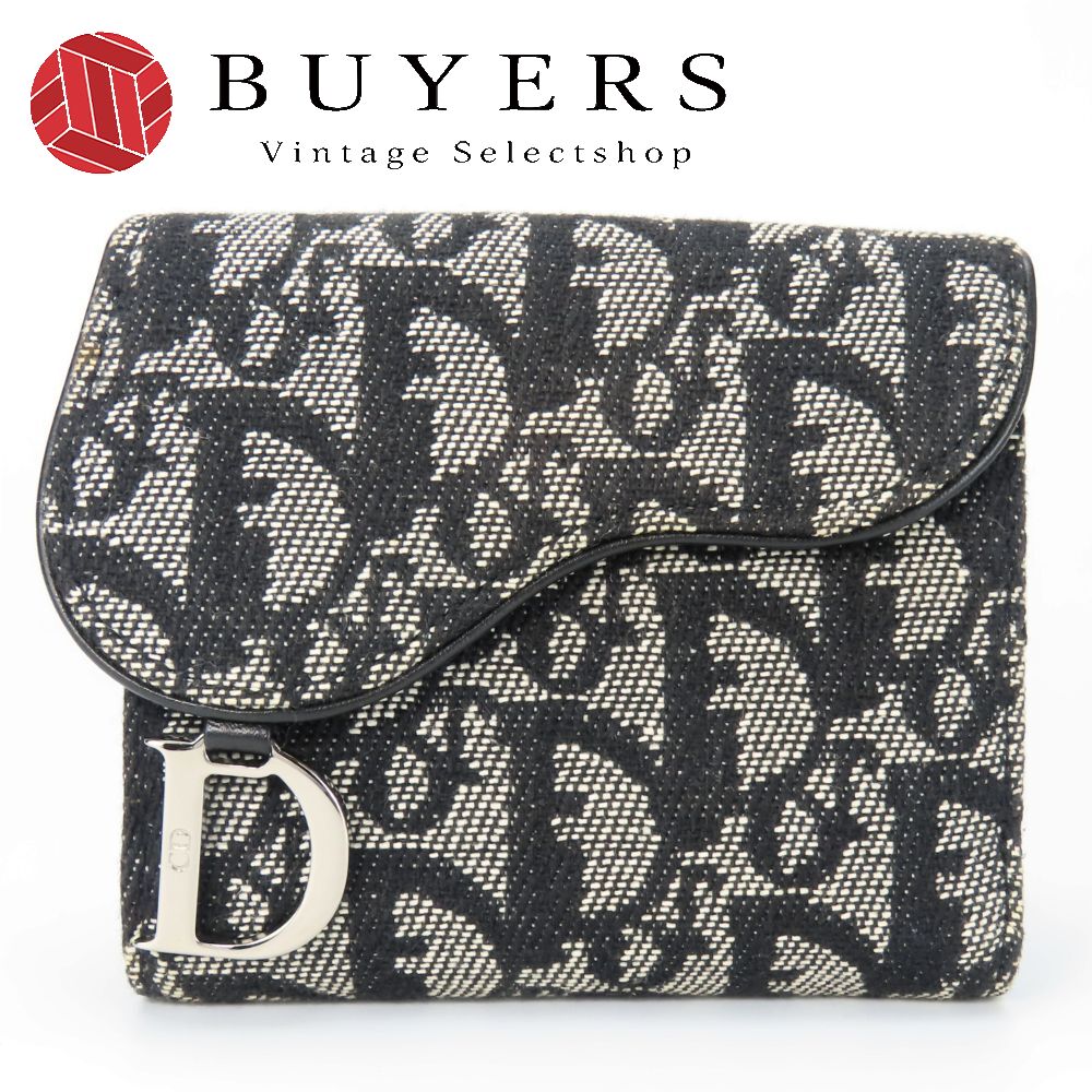 中古 二つ折り財布 トロッター キャンバス ブラック シルバー金具 Wホック コンパクト レディース 女性