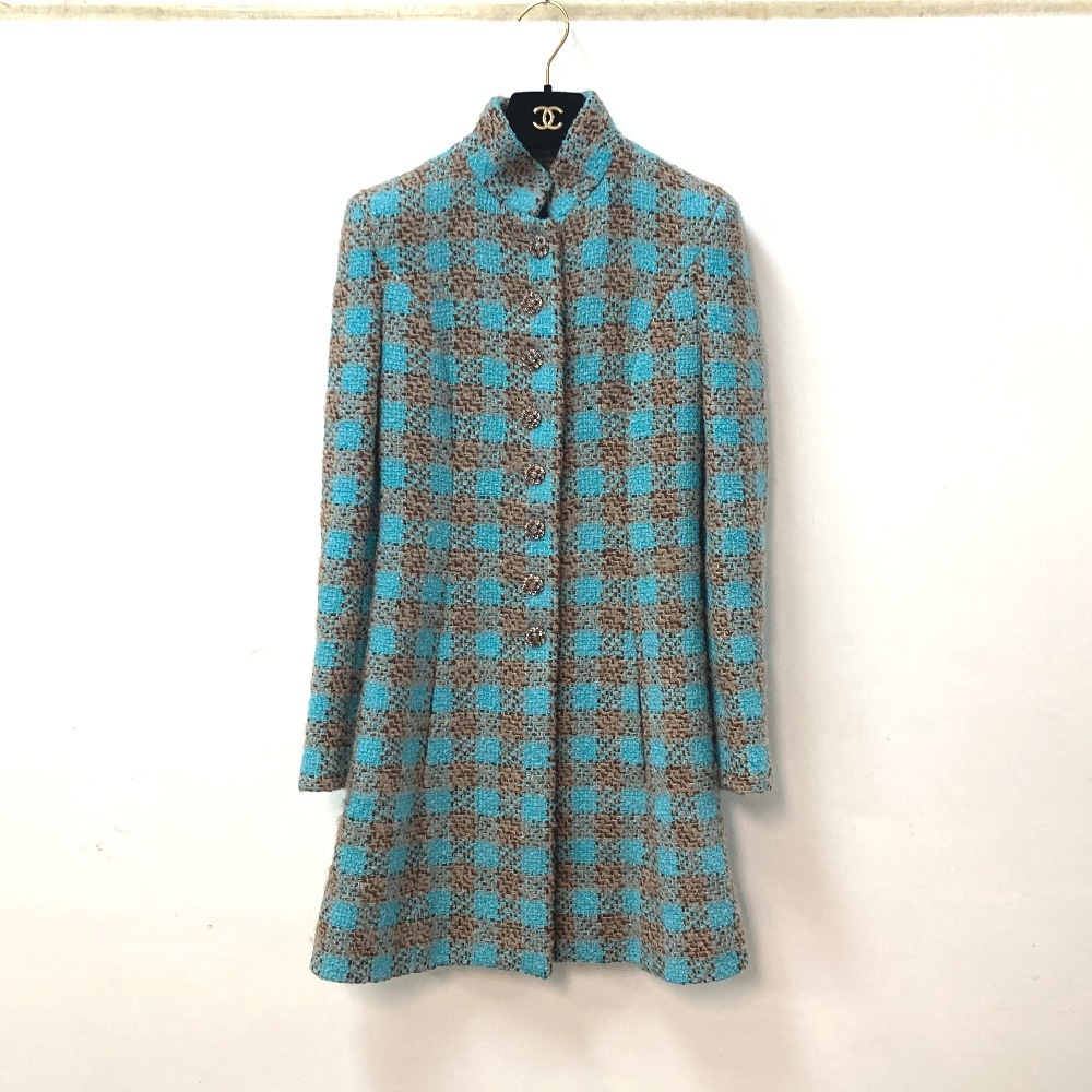 ロングコート P73646 ビジュー ラインストーン ボタン ココマーク CC ミックスツイード 22K アパレル ウール ブルー系