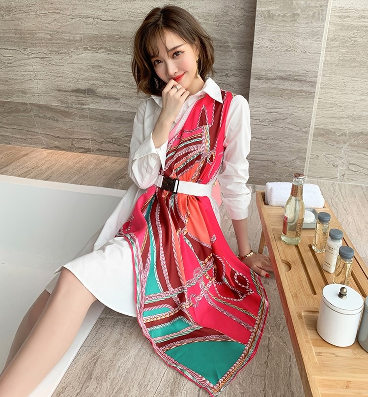 韓国ファッションアシンメトリースカーフプリントシャツワンピース春夏　長袖ワンピ　シャツワンピ 8,134円