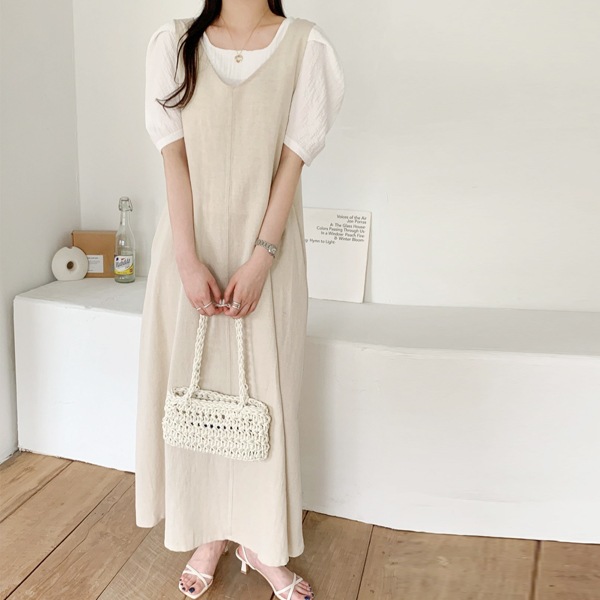 送料0円!韓国ファッションアイラビュー バックポイント リネン ノースリーブ ロングワンピース(ops1318)