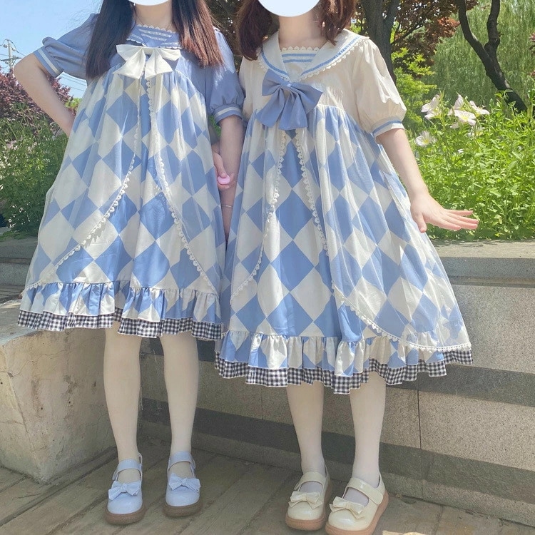 ロリータ ワンピース レディース 長袖 半袖 ワンピ ダイヤ柄 セーラー ボウタイ 配色 萌え 甘ロリ かわいい