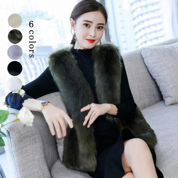 毛皮ベスト レディース ファーベスト Vネック フェイクフォックス ショート丈 前開き 無地 ボア付き もこもこ ふわふわ 暖かい 着痩せ 無地 新作 冬