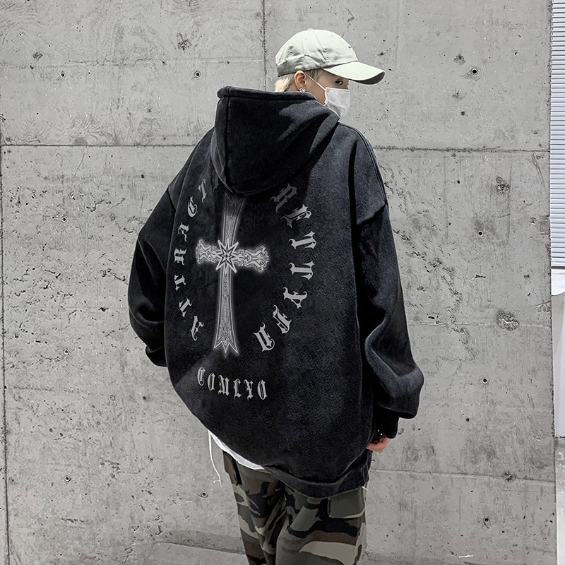 アメリカンレトロクロスフードスウェットメンズ春秋潮ルーズヒップホップウォッシュドコットンジャケット