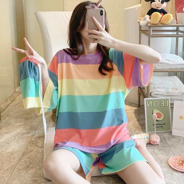 新品 パジャマ ルームウェア レディース 春夏 半袖 パジャマ 綿ルームウェア レインボーボーダー柄 上下セット韓国風 パジャマ オシャレ 可愛い 部屋着 ゆったり 4,760円