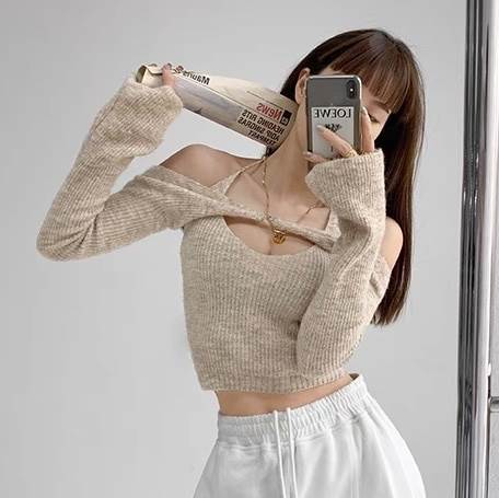 トップス ニット レディース ショート 長袖 Uネック 切り替え ドッキング セパレート フェミニン ストリート 重ね着 カットオフ セクシー かわいい 大人可愛い カジュアル おしゃれ かっこいい
