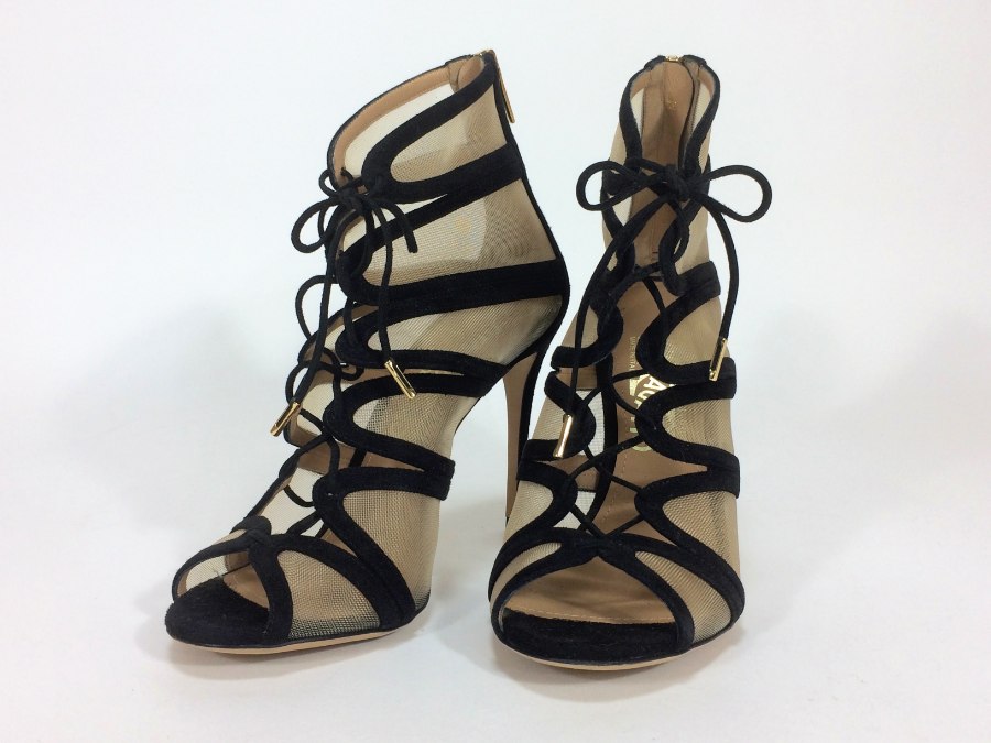 パンプス 24cm ヒール10cm スエードネット ブラックベージュ 【中古品】