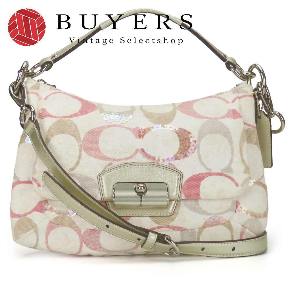 中古 ハンドバッグ 19339 クリスティン シグネチャー キャンバス レザー スパンコール ホワイト ピンク マルチカラー シルバー金具 2WAYショルダー カジュアル レディース 女性