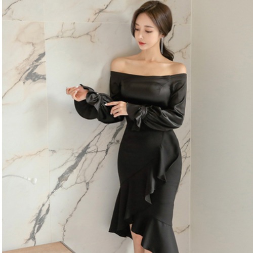 オフショルダー ワンピース シンプル ハイウエスト ひざ丈 A1110