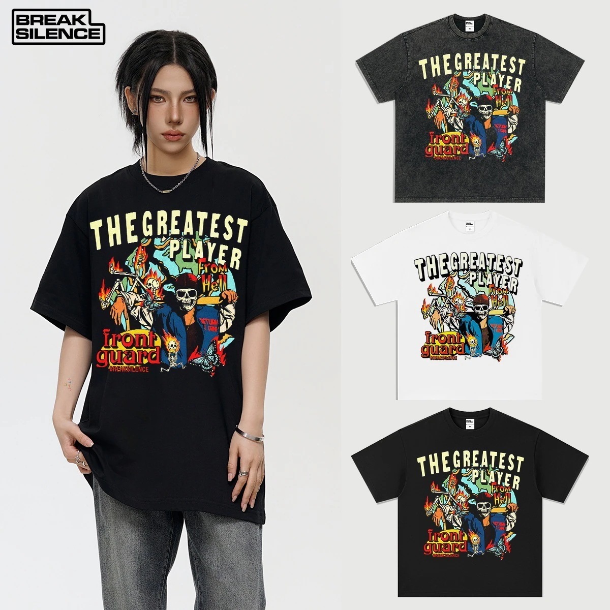 BREAKSILENCE アメリカンレトロストリートスタイルメンズ半袖Tシャツカジュアル右肩ボトシャツ