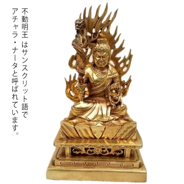 不動明王像 密教 大日如来の化身 像 豪華な火炎光背 仏壇 不動明王 御本尊 お不動様 お不動さん 真言宗脇侍 黄銅製 四角台火炎光背仏像 高約21cm幅12cm奥行8cm 仏像キッチン消耗品キッチン 6,535円