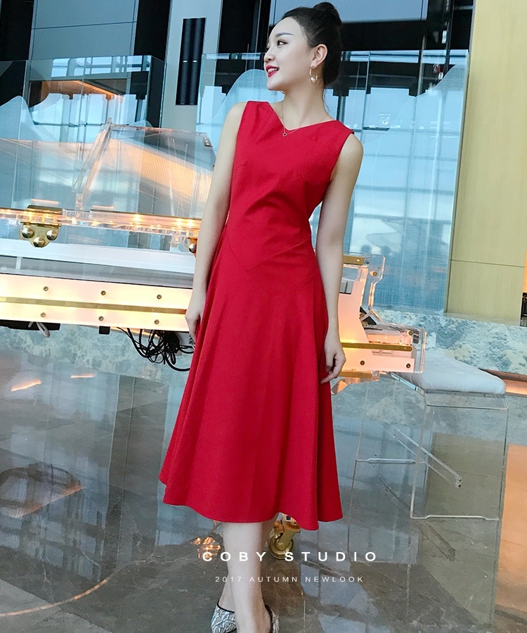 ノースリーブ Vネック ロングフレアドレス ひざ丈 無地 シンプル エレガント 上品 華やか ワンカラー レディース 2018年新作 定番 人気 およばれ 結婚式 二次会 演奏会 観劇 謝恩会